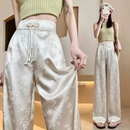 Female High Waist Straight Leg Jacquard Pant Spring Summer Women Chinese Style Hollow Out Satin Floor Mopping Wide Leg Trousers