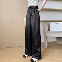 Female High Waist Straight Leg Jacquard Pant Spring Summer Women Chinese Style Hollow Out Satin Floor Mopping Wide Leg Trousers