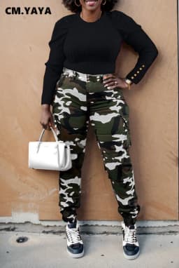 CM.YAYA Women’s Camouflage Printed Slim Cargo Pants 2024 Spring/Summer Pocket Jogger Street Fashion Safari Trousers