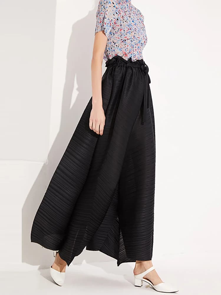 Miyake Pleated Broad Leg Harem Pants Women Spring Summer Loose Belt Trousers Black Aesthetic Clothes TP5002
