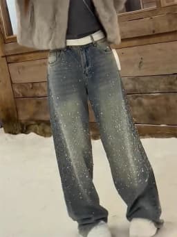 2026 Vintage Women Rhinestone Jeans Y2k Aesthetic High Waist Grunge Denim Trousers Harajuku Casual Pants Wide Leg Female Spring