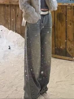 2026 Vintage Women Rhinestone Jeans Y2k Aesthetic High Waist Grunge Denim Trousers Harajuku Casual Pants Wide Leg Female Spring