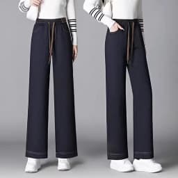 Slim Wide Leg Pants Women's Casual Thickened Fleece Autumn Winter New Style Simulation Denim Pants Straight Cut Trousers