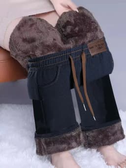 Slim Wide Leg Pants Women's Casual Thickened Fleece Autumn Winter New Style Simulation Denim Pants Straight Cut Trousers