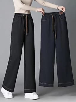 Slim Wide Leg Pants Women's Casual Thickened Fleece Autumn Winter New Style Simulation Denim Pants Straight Cut Trousers