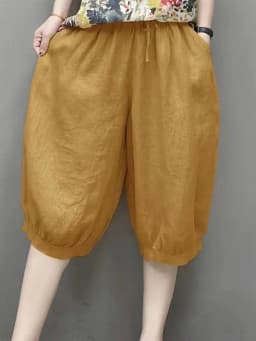 Casual Cotton Linen Harlan Pants Korean Style Commute Simple Design Five-Quarter Length Lantern Pants for Short Women