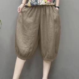 Casual Cotton Linen Harlan Pants Korean Style Commute Simple Design Five-Quarter Length Lantern Pants for Short Women