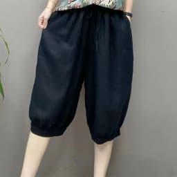 Casual Cotton Linen Harlan Pants Korean Style Commute Simple Design Five-Quarter Length Lantern Pants for Short Women