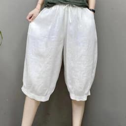 Casual Cotton Linen Harlan Pants Korean Style Commute Simple Design Five-Quarter Length Lantern Pants for Short Women