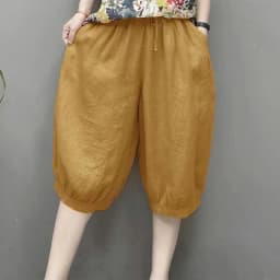 Casual Cotton Linen Harlan Pants Korean Style Commute Simple Design Five-Quarter Length Lantern Pants for Short Women