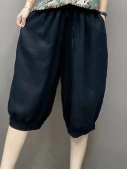 Casual Cotton Linen Harlan Pants Korean Style Commute Simple Design Five-Quarter Length Lantern Pants for Short Women