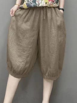 Casual Cotton Linen Harlan Pants Korean Style Commute Simple Design Five-Quarter Length Lantern Pants for Short Women