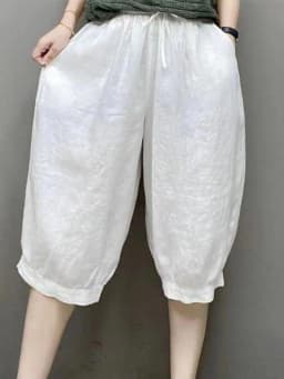 Casual Cotton Linen Harlan Pants Korean Style Commute Simple Design Five-Quarter Length Lantern Pants for Short Women