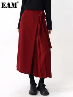 [EAM] High Elastic Waist Red Pleated Bandage Elegant Wide Leg Pants New Trousers Women Fashion Tide Spring Autumn 2026 1DH9565