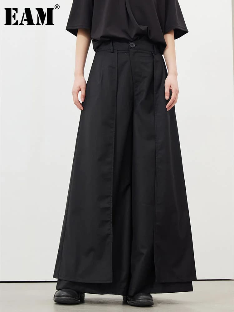 [EAM] Women Black Pleated Long Elegant Wide Leg Pants High Waist New Loose Fit Trousers Fashion Tide Spring Autumn 2026 1DF9092