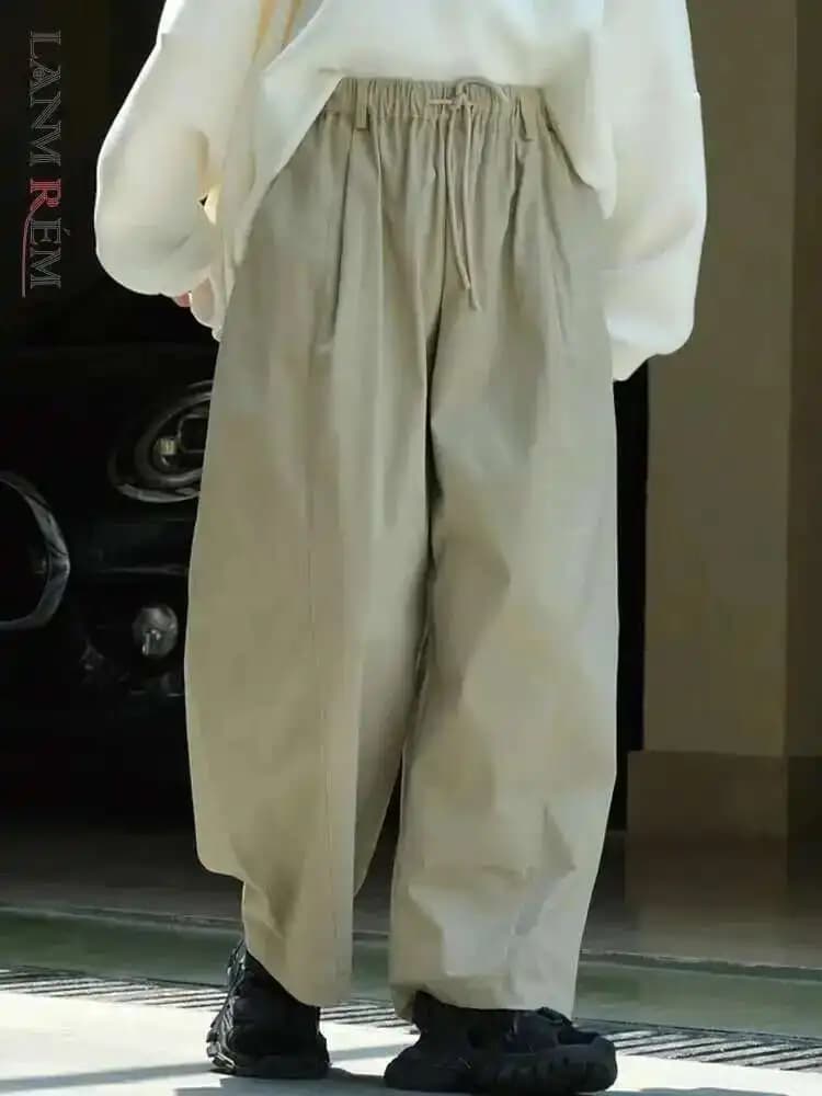 [LANMREM] Minimalism Drawstring Elastic High Waist Wide Leg Pants Women Fashion Casual Loose Trousers 2025 Spring New 26D6801