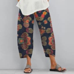 Women Harem Pants Vintage Cotton Linen Elastic Waist Wide Leg Trousers Female Casual Solid Pockets Loose Cropped Pants