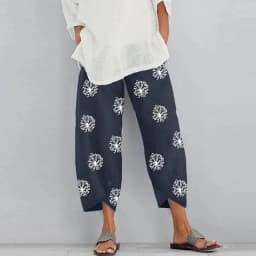 Women Harem Pants Vintage Cotton Linen Elastic Waist Wide Leg Trousers Female Casual Solid Pockets Loose Cropped Pants
