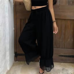 Womens Wide Leg Pants Woman Y2K Lace Trim Hem Long Bloomers Drawstring Mid Rise Casual Street Loose Trousers