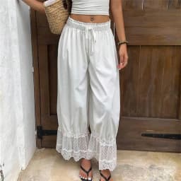 Womens Wide Leg Pants Woman Y2K Lace Trim Hem Long Bloomers Drawstring Mid Rise Casual Street Loose Trousers
