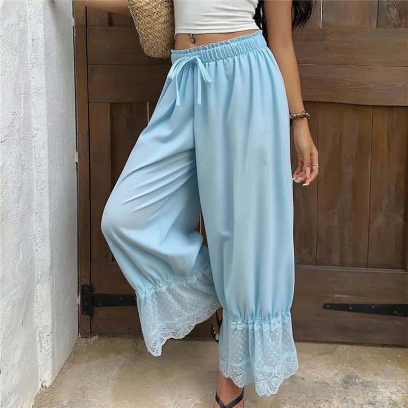 Womens Wide Leg Pants Woman Y2K Lace Trim Hem Long Bloomers Drawstring Mid Rise Casual Street Loose Trousers