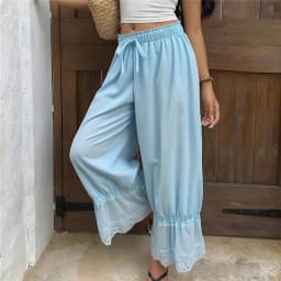 Womens Wide Leg Pants Woman Y2K Lace Trim Hem Long Bloomers Drawstring Mid Rise Casual Street Loose Trousers