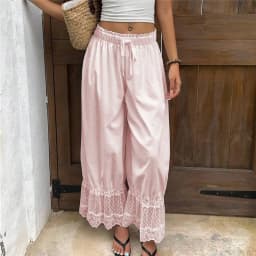 Womens Wide Leg Pants Woman Y2K Lace Trim Hem Long Bloomers Drawstring Mid Rise Casual Street Loose Trousers