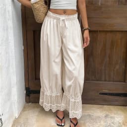 Womens Wide Leg Pants Woman Y2K Lace Trim Hem Long Bloomers Drawstring Mid Rise Casual Street Loose Trousers
