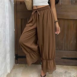 Womens Wide Leg Pants Woman Y2K Lace Trim Hem Long Bloomers Drawstring Mid Rise Casual Street Loose Trousers