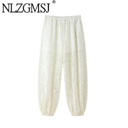 Nlzgmsj 2026 Spring Summer Casual Chic lace Women  Lantern Pants Fashion Loose Elastic Waist  Hollow Out Trouser