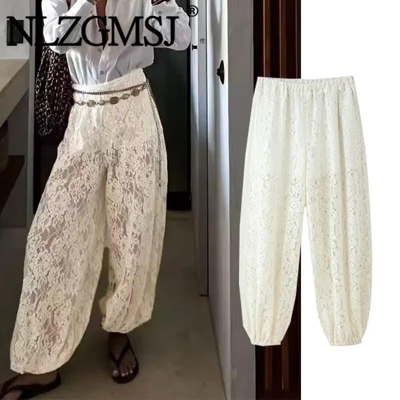 Nlzgmsj 2026 Spring Summer Casual Chic lace Women  Lantern Pants Fashion Loose Elastic Waist  Hollow Out Trouser