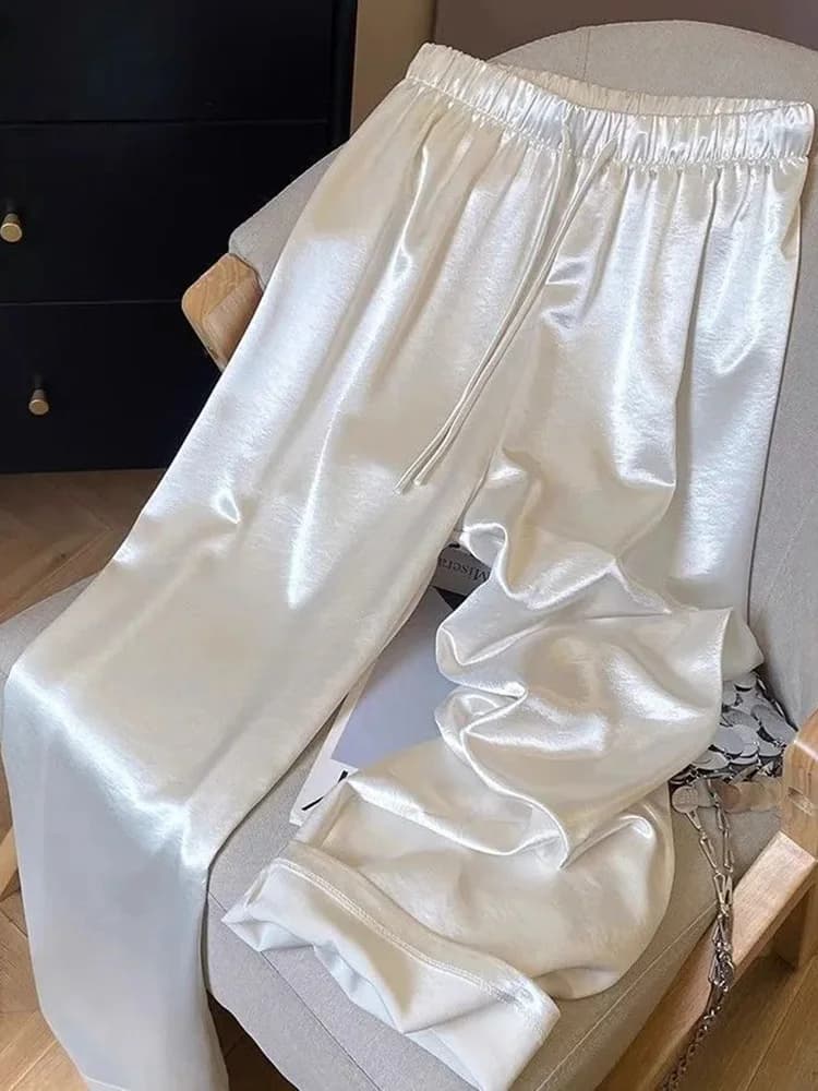 Chic Satin Wide Leg Pant Women High Waist Sweet Fashion Elegant Trousers Summer Loose Korean Casual Female Soft Lace Up Pants