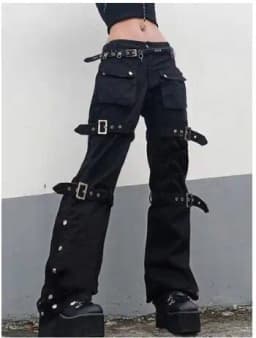 Cyber Punk Unisex Cargo Wide Leg Pants Chain Bandage Ruched Tie Capris Pants Women Gothic Baggy Trousers BF Hippie Grunge Jogger
