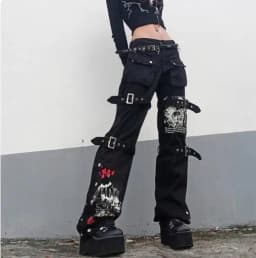 Cyber Punk Unisex Cargo Wide Leg Pants Chain Bandage Ruched Tie Capris Pants Women Gothic Baggy Trousers BF Hippie Grunge Jogger