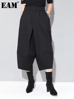 [EAM] High Elastic Waist Black Brief Pocket Wide Leg Calf-Length Pants New Trousers Women Fashion Spring Autumn 2026 1DJ1789