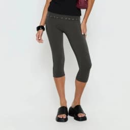 Fold Over Rivet Capri Leggings for Women Low Rise Knee Length Stretch Yoga Pants Y2k Going Out Cropped Pants