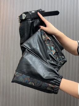 High waist leather pants for women autumn winter loose slim Chinese style spliced straight leg leg Pu leather casual pants