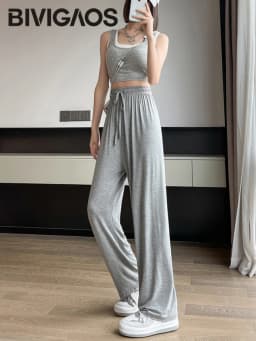 BIVIGAOS Women Summer Gray Ultra-Thin Modal Wide Leg Pants Elastic Loose Casual High Waist Dance Pants Home Sunscreen Pants