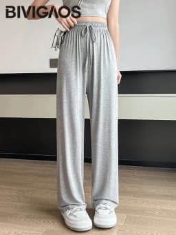 BIVIGAOS Women Summer Gray Ultra-Thin Modal Wide Leg Pants Elastic Loose Casual High Waist Dance Pants Home Sunscreen Pants