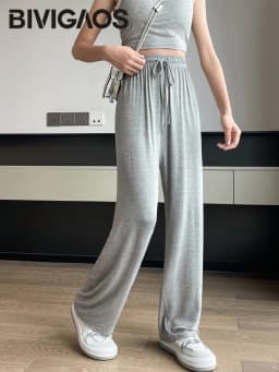 BIVIGAOS Women Summer Gray Ultra-Thin Modal Wide Leg Pants Elastic Loose Casual High Waist Dance Pants Home Sunscreen Pants