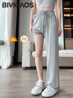 BIVIGAOS Women Summer Gray Ultra-Thin Modal Wide Leg Pants Elastic Loose Casual High Waist Dance Pants Home Sunscreen Pants