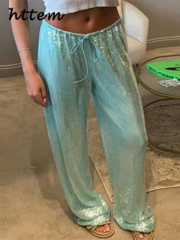 Street Women's Sequin Lace Up Pants Elastic Low Waist Wide Leg Female Trousers 2026 Spring Summer Lady Shiny Party Chic Pants