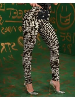 Women's High-Waist Button Detail Criss-Cross Pencil Pants Geometric Print Butt-Lifting Skinny Trousers for Spring & Autumn Pant
