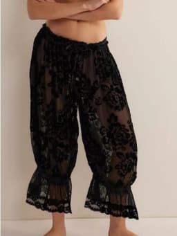 Womens Y2k Long Bloomer Pants Sheer Floral Lace Trim Wide Leg Pettipants Cute Ruffle Capri Pants Pj Bottoms