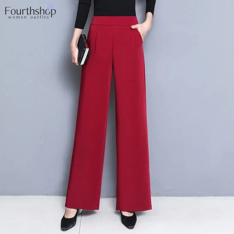 2025 New Elegant Wide Leg Red Pants Women Casual High Waist Elastic Solid Korean OL Fashion Straight Trousers Black Outfits