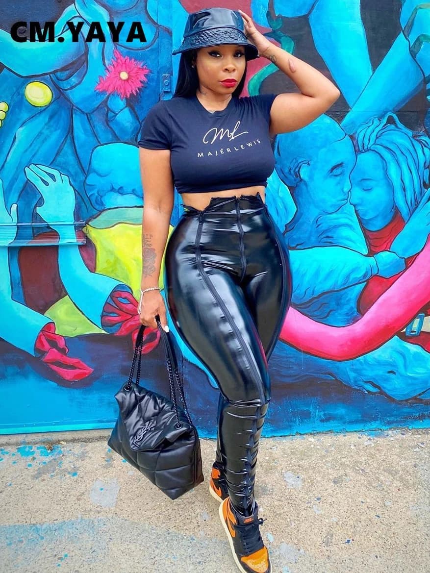 CM.YAYA Women Faux Leather Zipper Splicing Pants Leggings High Waist Pencil PU Trousers Draped Streetwear Pants
