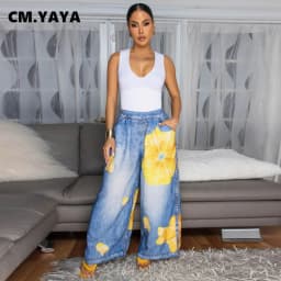 CM.YAYA Fashion Women Fake Denim 3D floral Print Loose Wide Leg Jogger Pants 2025 Streetwear  Active Hip Hop Sweatpants Trousers
