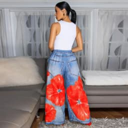 CM.YAYA Fashion Women Fake Denim 3D floral Print Loose Wide Leg Jogger Pants 2025 Streetwear  Active Hip Hop Sweatpants Trousers