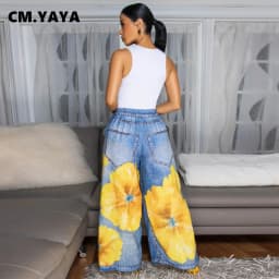 CM.YAYA Fashion Women Fake Denim 3D floral Print Loose Wide Leg Jogger Pants 2025 Streetwear  Active Hip Hop Sweatpants Trousers