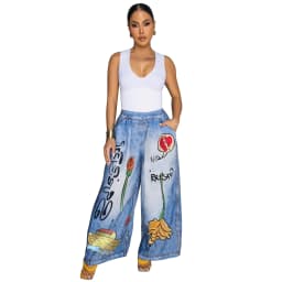 CM.YAYA Fashion Women Fake Denim 3D floral Print Loose Wide Leg Jogger Pants 2025 Streetwear  Active Hip Hop Sweatpants Trousers